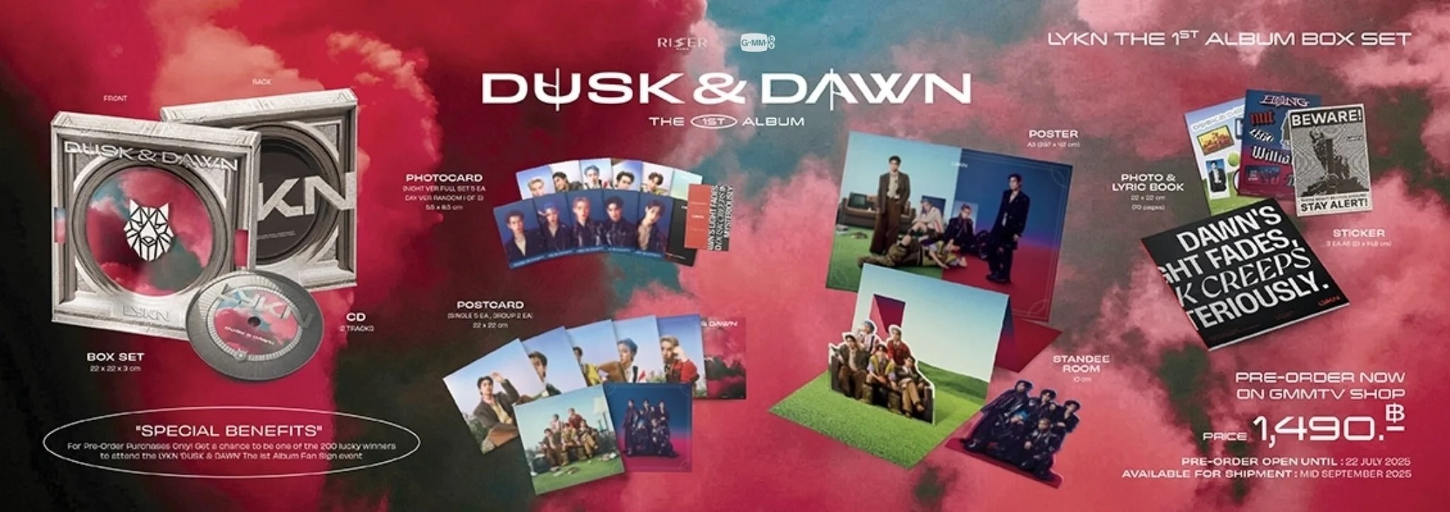 Image shows the Dusk & Dawn album from the Thai Boy Group LYKN. The image has the album, cd postcards, photocards, a folding card, photobook, and stickers shown on top of blue sky with red clouds.