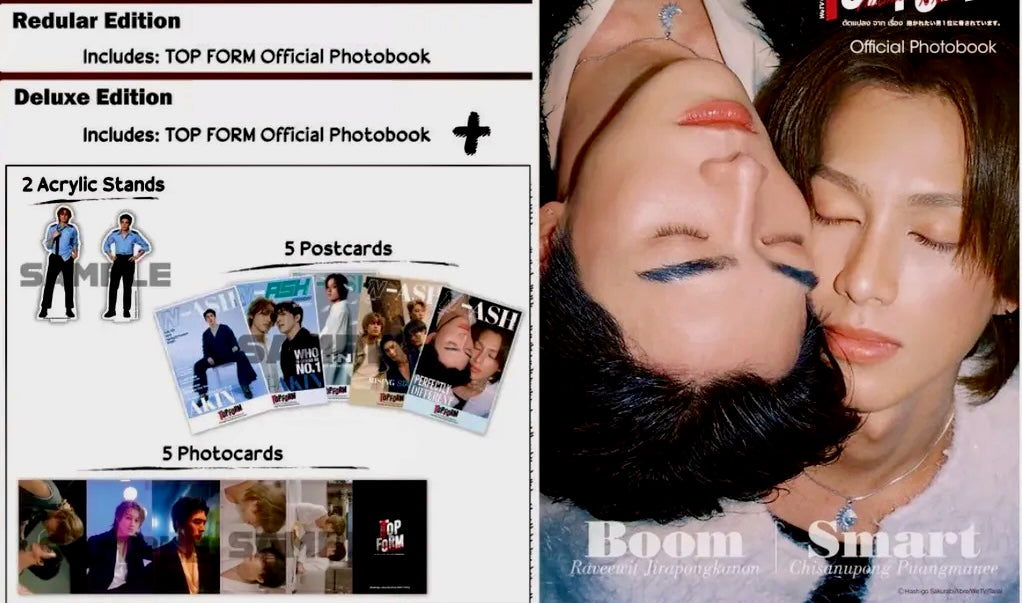 photo has a break down of the two versions of the photobook on the left side and an image of the photobook with boom and smart on it on the right side.
The regular edition includes only the photobook while the special edition includes 2 acrylic stands, 5 postcards, and 5 photocards.