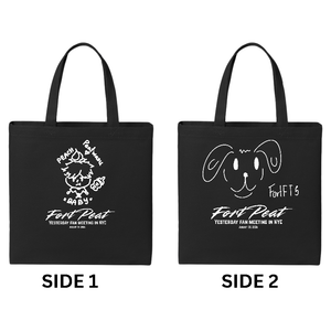 Two black tote bags shown side by side on a white background, labeled SIDE 1 and SIDE 2, each with white printed artwork and text. The left bag has a cartoon character graphic drawn by Peat and the right bag has a dog face graphic by Fort.