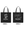 Two black tote bags shown side by side on a white background, labeled SIDE 1 and SIDE 2, each with white printed artwork and text. The left bag has a cartoon character graphic drawn by Peat and the right bag has a dog face graphic by Fort.
