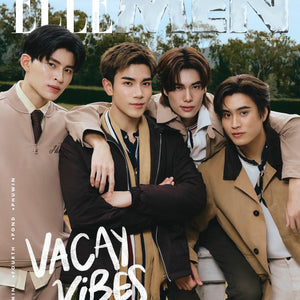 Pond, Fourth, Phuwin, Gemini, posing together with 'ELLE MEN' and 'Vacay Vibes' text on a magazine cover.
