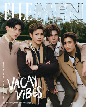 Pond, Fourth, Phuwin, Gemini, posing together with 'ELLE MEN' and 'Vacay Vibes' text on a magazine cover.