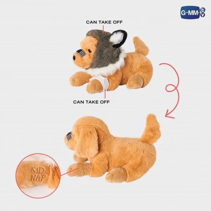 Golden retriver doll with hood off - side view
