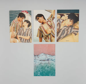 Card 1: Fort and Peat about to kiss while on the boat
Card 2: Fort looking out at the ocean, his shirt spread open to show part of his chest and abdomen
Card 3: Peate lookinng at the camera
Card 4: Top down view of the beach with the Me Mind Y logo
