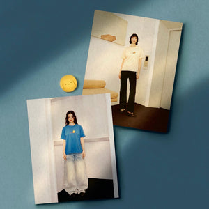 Photographs of people wearing the Sunny Boxy T-Shirt, one is the day one, the other is the night one.