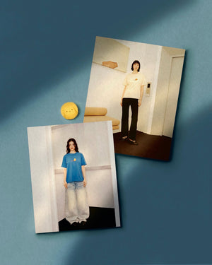 Photographs of people wearing the Sunny Boxy T-Shirt, one is the day one, the other is the night one.